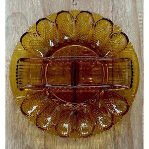 Vtg LE Smith Amber Glass Deviled Egg Plate Relish Tray Platter 11" Heritage #567